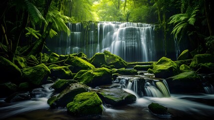 Panoramic view of beautiful waterfall in tropical forest. Long exposure.