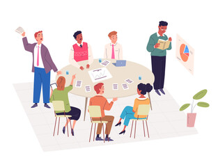Colleagues discussing at table. Executives meeting or speaking employees dispute at round desk boardroom, business company communication work conversing, classy vector illustration