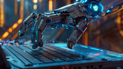 a close-up perspective captures a robotic cyborg hand interacting with a laptop keyboard, illuminated by dynamic neon light effects.