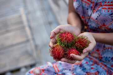 Selective focus red rambutan in young woman's hand Delicious fresh rambutan bought from the fresh fruit market. There is space for text.