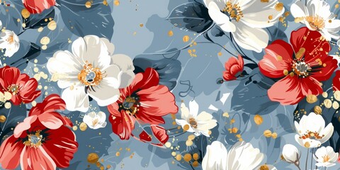 seamless floral pattern design, painted flowers in white and red