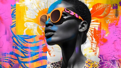 Fashion pop art collage featuring female model in sunglasses and vibrant patterns. Concept Fashion,...