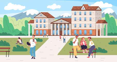 Campus park. American students outside university establishment, college knowledge education student talk school library house modern building exterior, classy vector illustration