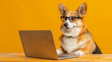 A Corgi Wearing Glasses with Laptop