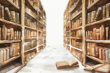 A painting watercolor of a quiet library filled with ancient books, a sanctuary of knowledge isolated minimal with white background