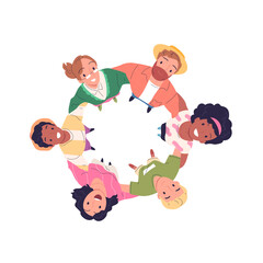 Hugging people looking up. Huddle friends or employee team in circle top view, multicultural hug people together overhead round, inclusion student trust classy vector illustration