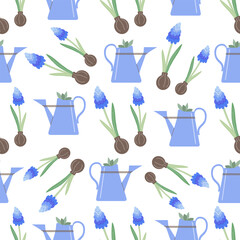 Green garden plants inside the watering can and lavender flower. Vector flat seamless pattern. Cute drawing.