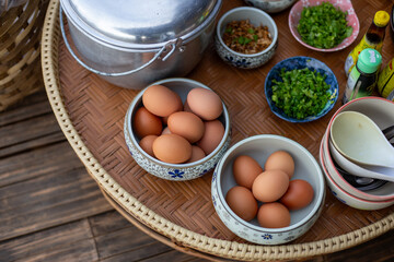 Selective focus boiled chicken eggs in a breakfast bowl in a Thai mountain homestay