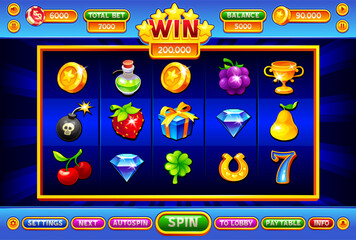 Game slots template. Casino slot spin machine screen interface, gaming lightning fruit icons on background phone ui app, gambling bar symbol cartoon neoteric vector illustration