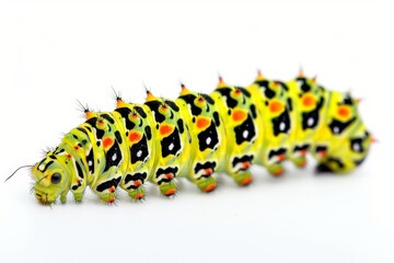 Fototapeta premium Caterpillar of the Machaon crawling on green leaves, close-up. Beautiful simple AI generated image in 4K, unique.