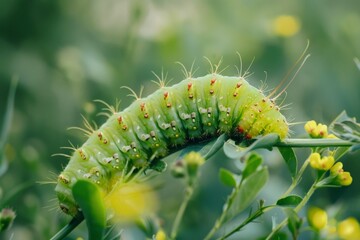 Caterpillar of the Machaon crawling on green leaves, close-up. Beautiful simple AI generated image in 4K, unique.