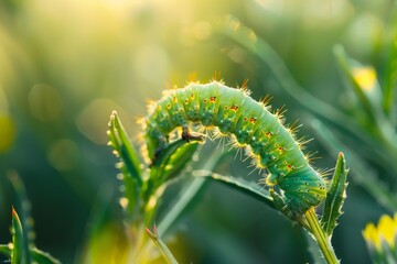 Naklejka premium Close-up from two Mullein moth caterpillar - Cucullia verbasci picture taken in Netherlands June 2020 . Beautiful simple AI generated image in 4K, unique.