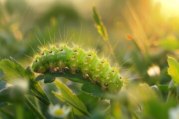 Fototapeta premium Caterpillar of the Machaon crawling on green leaves, close-up. Beautiful simple AI generated image in 4K, unique.