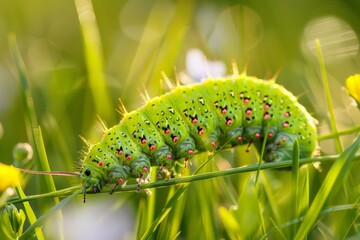 Fototapeta premium Caterpillar of the Machaon crawling on green leaves, close-up. Beautiful simple AI generated image in 4K, unique.