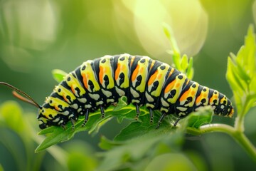 Naklejka premium Green caterpillar on stem carrots - Papilio machaon. Beautiful simple AI generated image in 4K, unique.