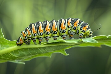 Fototapeta premium Caterpillar of the Machaon crawling on green leaves, close-up. Beautiful simple AI generated image in 4K, unique.