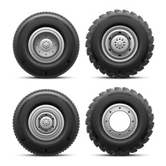 Realistic truck tires. Big tire lorry 4x4 car or bus wheels, tractor offroad heavy wheel of cargo industrial machinery, tyre large transport traction, nowaday vector illustration