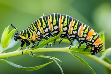 Naklejka premium Green caterpillar on stem carrots - Papilio machaon. Beautiful simple AI generated image in 4K, unique.