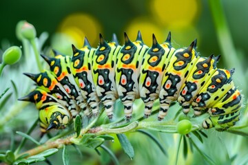 Caterpillar of the Machaon crawling on green leaves, close-up. Beautiful simple AI generated image in 4K, unique.
