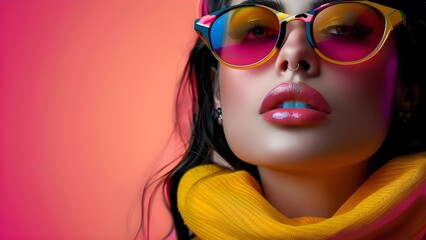 Stylish Female Model in Colorful Sunglasses: A Fashion Pop Art Collage. Concept Fashion...