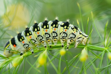 Fototapeta premium Caterpillar of the Machaon crawling on green leaves, close-up. Beautiful simple AI generated image in 4K, unique.