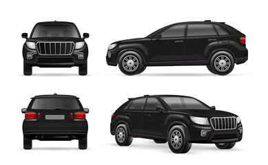 Realistic black suv. 3d rover car, 4x4 automobile mockup side back view new crossover concept, modern luxury auto cars sport drive project template, nowaday vector illustration
