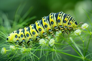 Swallowtail butterfly caterpillar lateral view - Papilio machaon. Beautiful simple AI generated image in 4K, unique. - obrazy, fototapety, plakaty