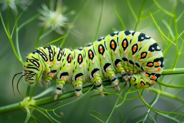 Naklejka premium Swallowtail butterfly caterpillar lateral view - Papilio machaon. Beautiful simple AI generated image in 4K, unique.