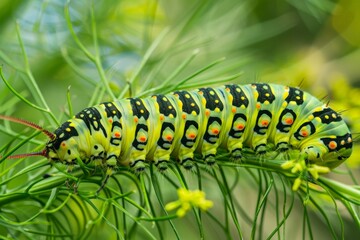 Naklejka premium Green caterpillar on stem carrots - Papilio machaon. Beautiful simple AI generated image in 4K, unique.