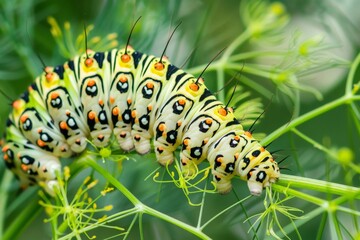 Fototapeta premium Green caterpillar on stem carrots - Papilio machaon. Beautiful simple AI generated image in 4K, unique.