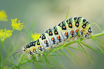 Fototapeta premium Green caterpillar on stem carrots - Papilio machaon. Beautiful simple AI generated image in 4K, unique.