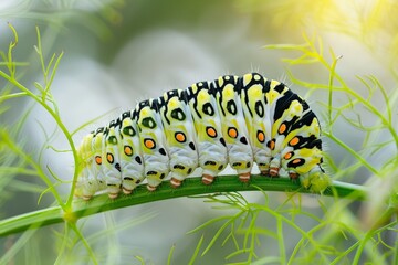 Fototapeta premium Caterpillar of the Machaon crawling on green leaves, close-up. Beautiful simple AI generated image in 4K, unique.