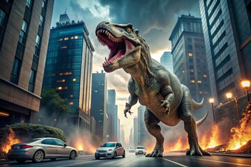 T-Rex dinosaur roaring in the street destroying cars with skyscrapers environment at night time.  