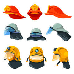 Cartoon firefighter helmets. Firefighters helmet, fireman hat fire fighter emergency department isolated red cap firefighting rescue equipment