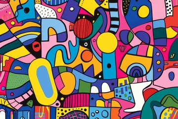 Fototapeta premium A front cover for a colouring book for toddlers called Shape and Pattern Playground, full of different shapes with various patterns within the shapes