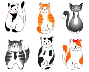 Set cute red, grey, spotted, striped cats isolated on white background. Vector illustration for children.