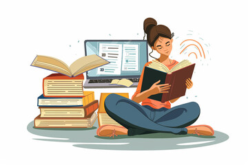 young woman learning language by reading a few books, while sitting on the floor, during online courses, laptop with lessons on the background