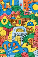 A front cover for a colouring book for toddlers called Shape and Pattern Playground, full of different shapes with various patterns within the shapes