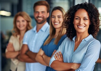 Fototapeta premium Confident Diverse Team in Casual Business Attire Standing Together in Office Setting