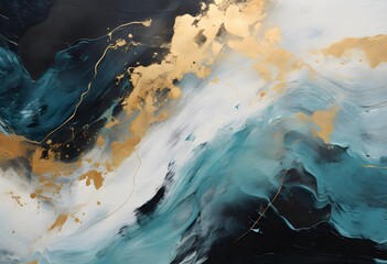 A painting of a blue and gold abstract painting.
