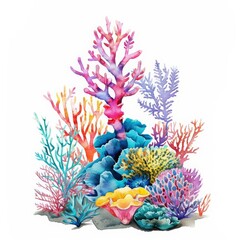 A small watercolor of a colorful coral reef, simple clipart isolated white background