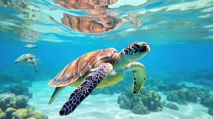 Obraz premium Graceful Sea Turtle Gliding Through Crystal Clear Waters