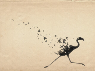 Flamingo silhouette. Endangered animal. Death and afterlife. Flying bird