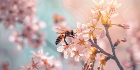 Bee Hovering Over a Blossoming Cherry Flower - Springtime Pollination, Delicate Pink Blooms, Nature Close-Up, Macro Shot