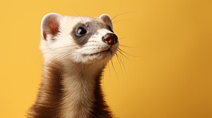A curious ferret up close against a bright yellow backdrop - Powered by Adobe