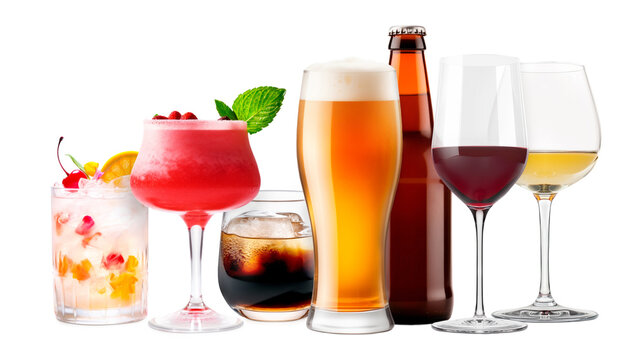 Set and collection of classic alcohol cocktails, beer and mocktail isolated on white background with fresh summer fruits