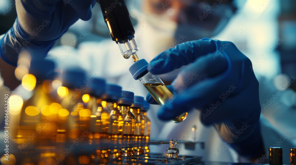 Poster a scientist in a lab coat using a dropper to carefully administer a liquid into test tubes during a 