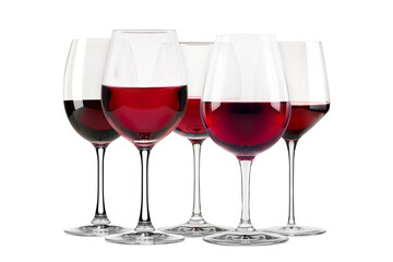 Set of red wine glasses isolated on white background. Rose wine splashing in glassware.