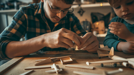 Father and child building wooden model airplanes together - Powered by Adobe