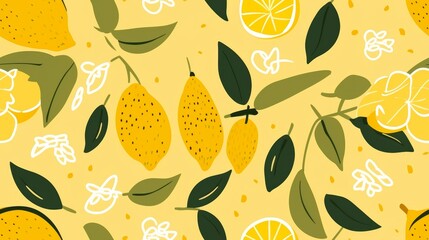 Seamless patterns with lemons and leaves.